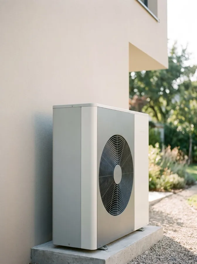 Unité extérieure d'une pompe à chaleur air/eau installée contre le mur d'une maison